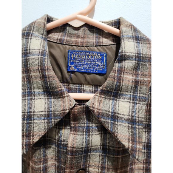 Vintage 1960 60s Pendleton Wool Board Flannel Plaid Loop Collar Flap Pockets L - Picture 2 of 8